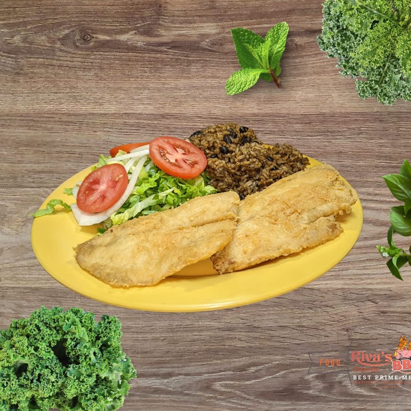 Fried fish fillets with rice and beans, and a side salad on a yellow plate.
